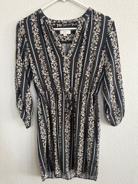 LOFT Black Floral-Striped V-Neck Drawstring Dress